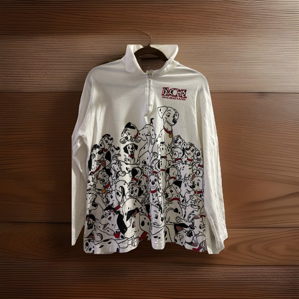 Vintage 101 Dalmatians Characters Print Design Half Zip Polo Long Sleeve Shirt M